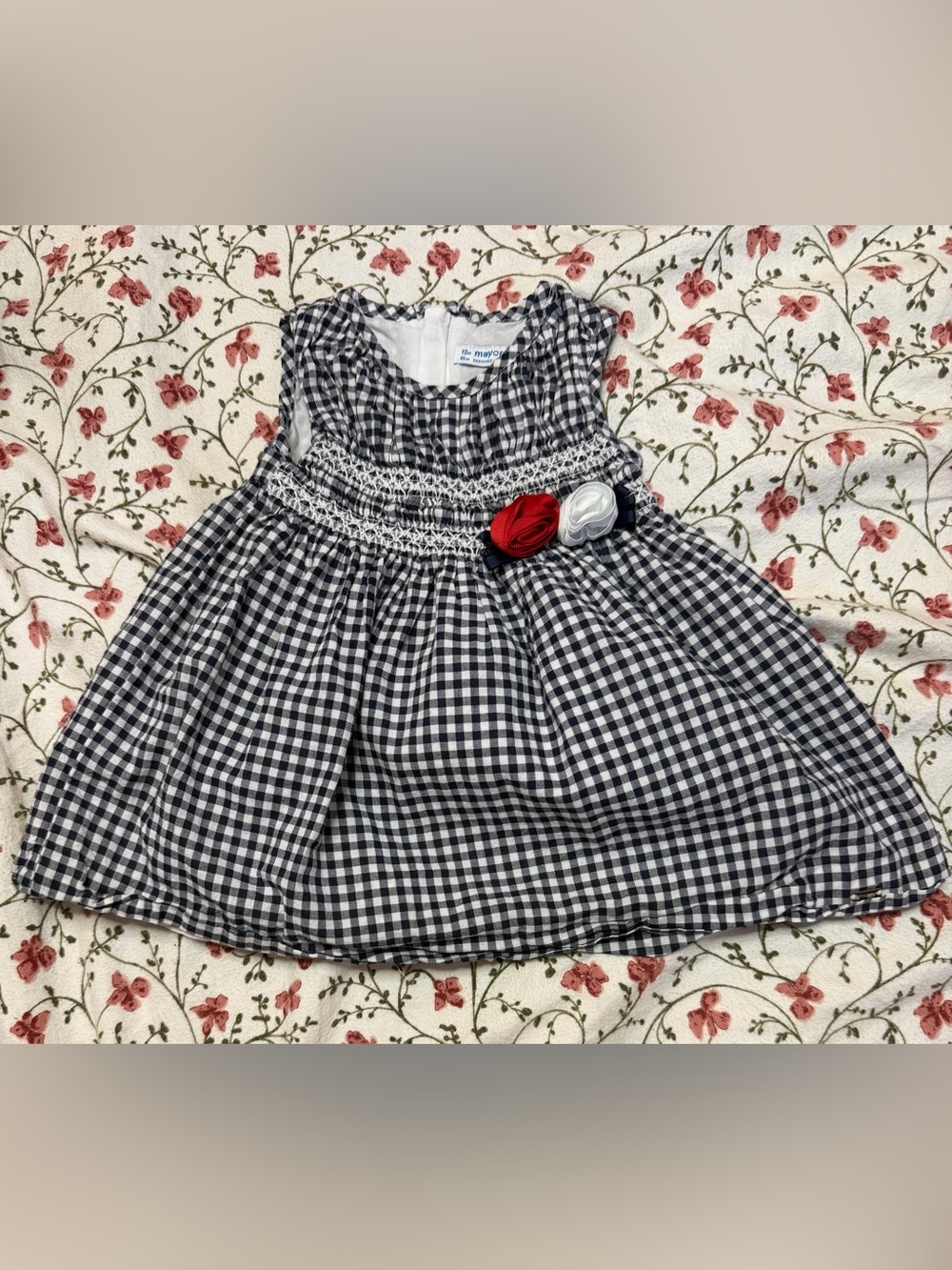 Mayoral Navy and White Gingham Dress with Red and White Flower Accents